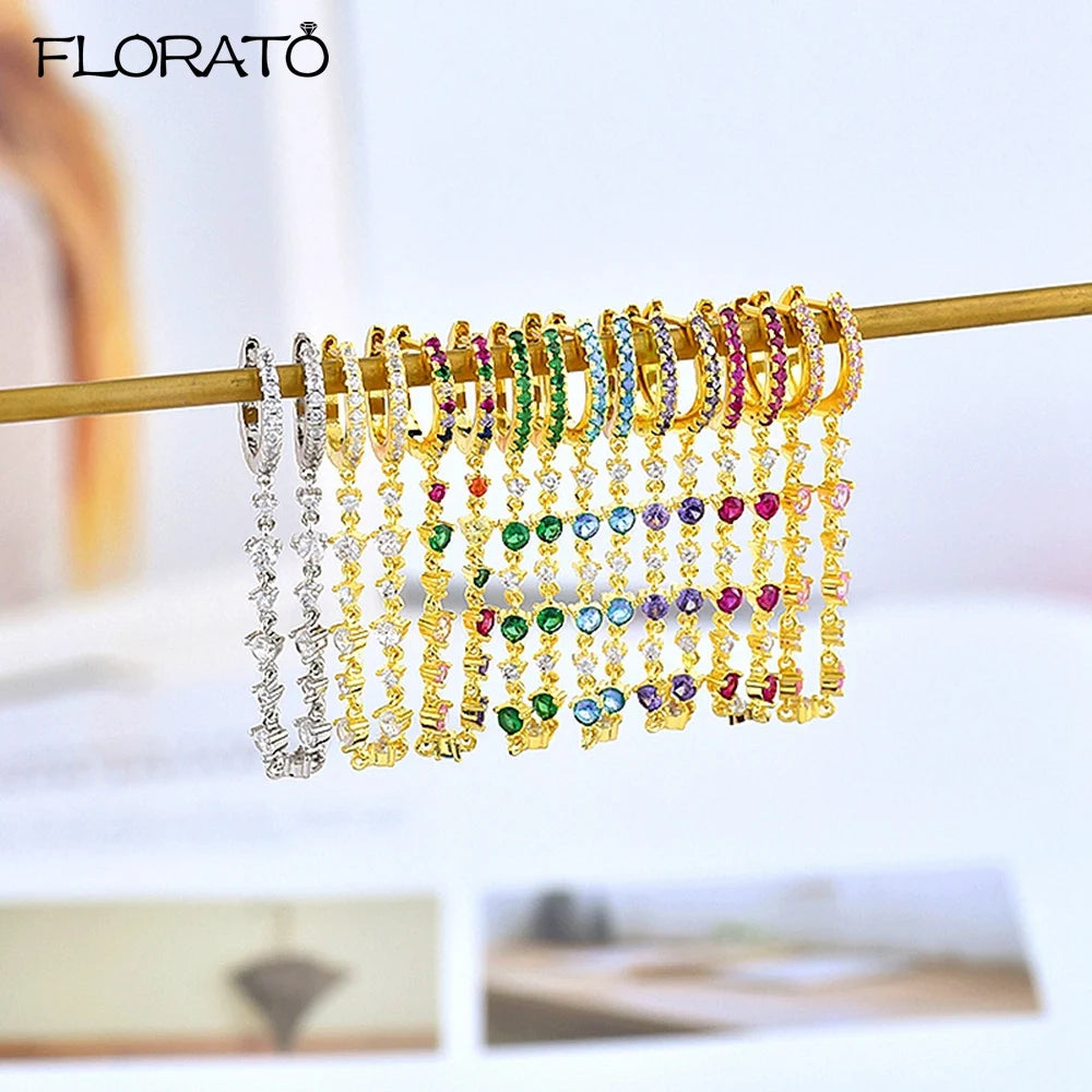 1PC 925 Silver Needle Colorful Crystal Chain Pendant Hoop Earrings For Women Two Hole Enamel Star Earrings Fashion Jewelry Gift