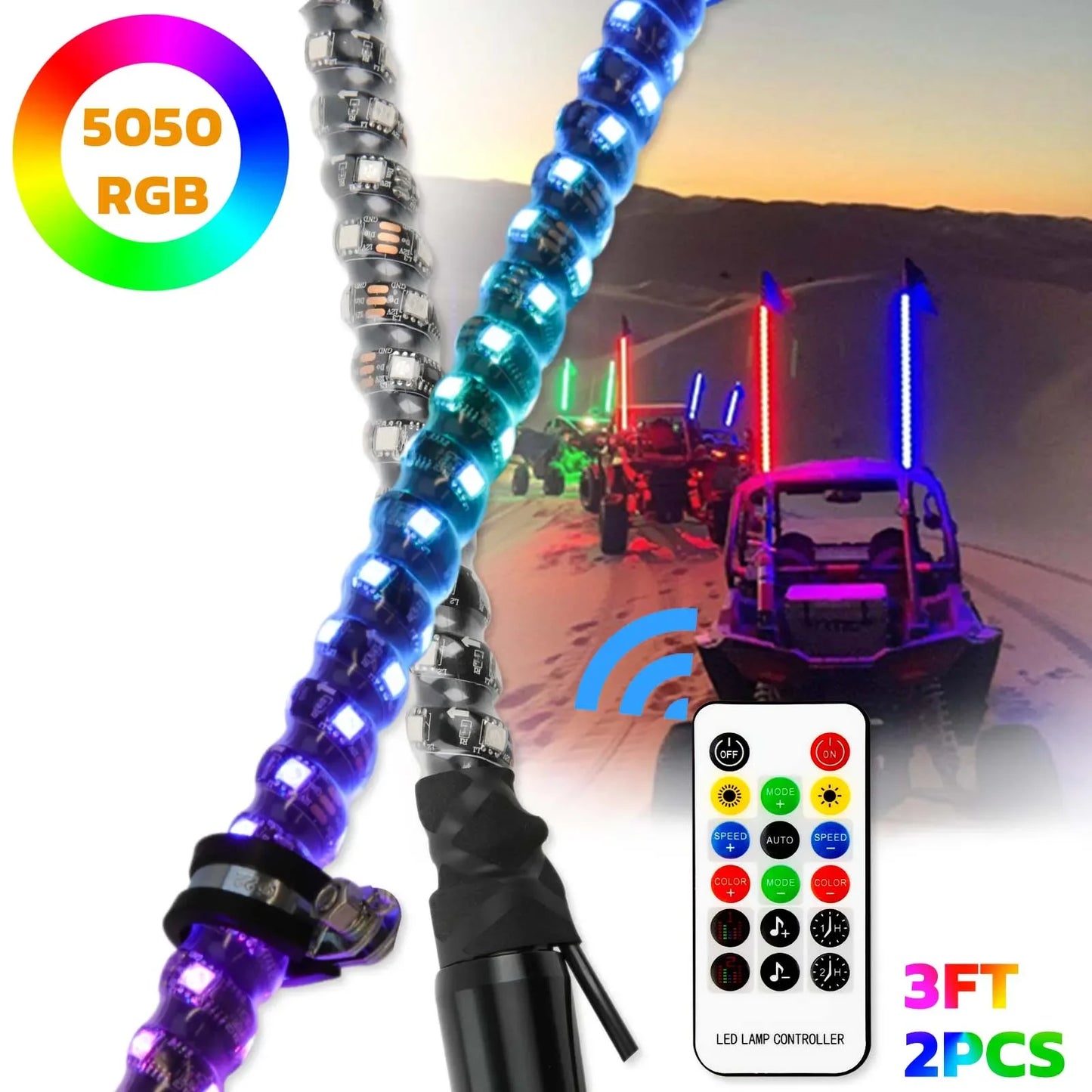 1/2PCS 3FT Bluetooth and Remote Control Colorful Spiral LED Whip Lights Lighted Antenna Whips for ATV Polaris RZR Flagpole Lamp