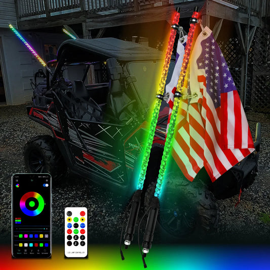 1/2PCS 3FT Bluetooth and Remote Control Colorful Spiral LED Whip Lights Lighted Antenna Whips for ATV Polaris RZR Flagpole Lamp